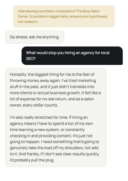 The persona interview panel: a synthetic buyer answering in character about what would stop them buying