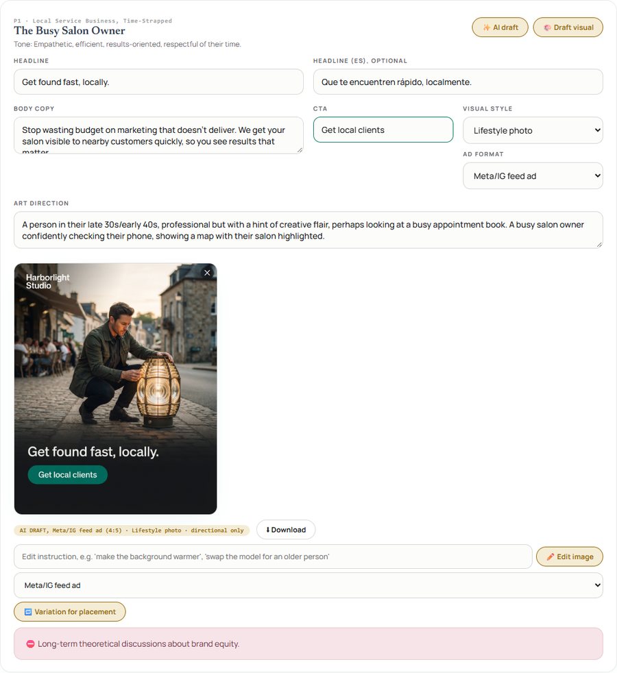 The creative step: ad copy in two languages and a generated feed ad with the headline and CTA composited in