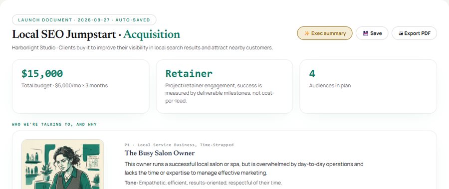 Real screenshot: the launch document with total budget, engagement model, audiences and the strategy brief